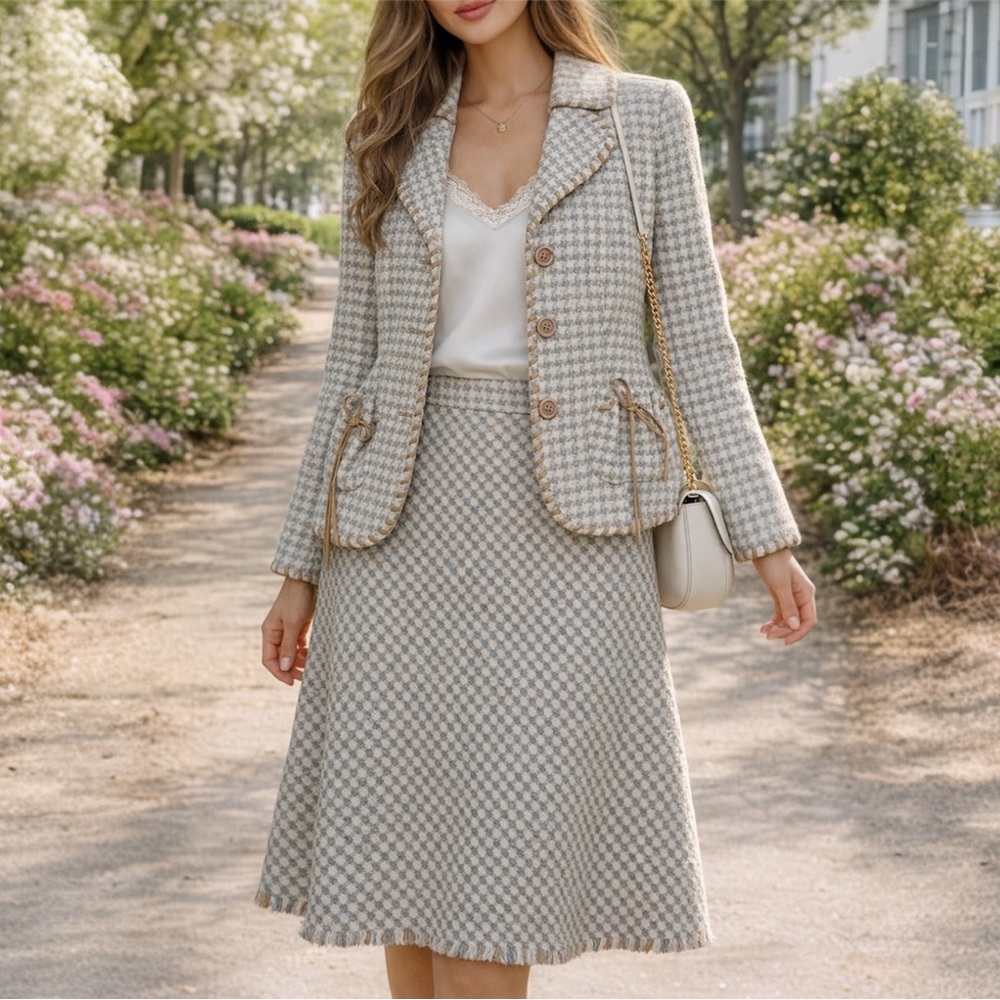 Y2K Tweed Skirt Suit Set Wool Blend Fringe Hem 8/10 Soft Equestrian 2 piece